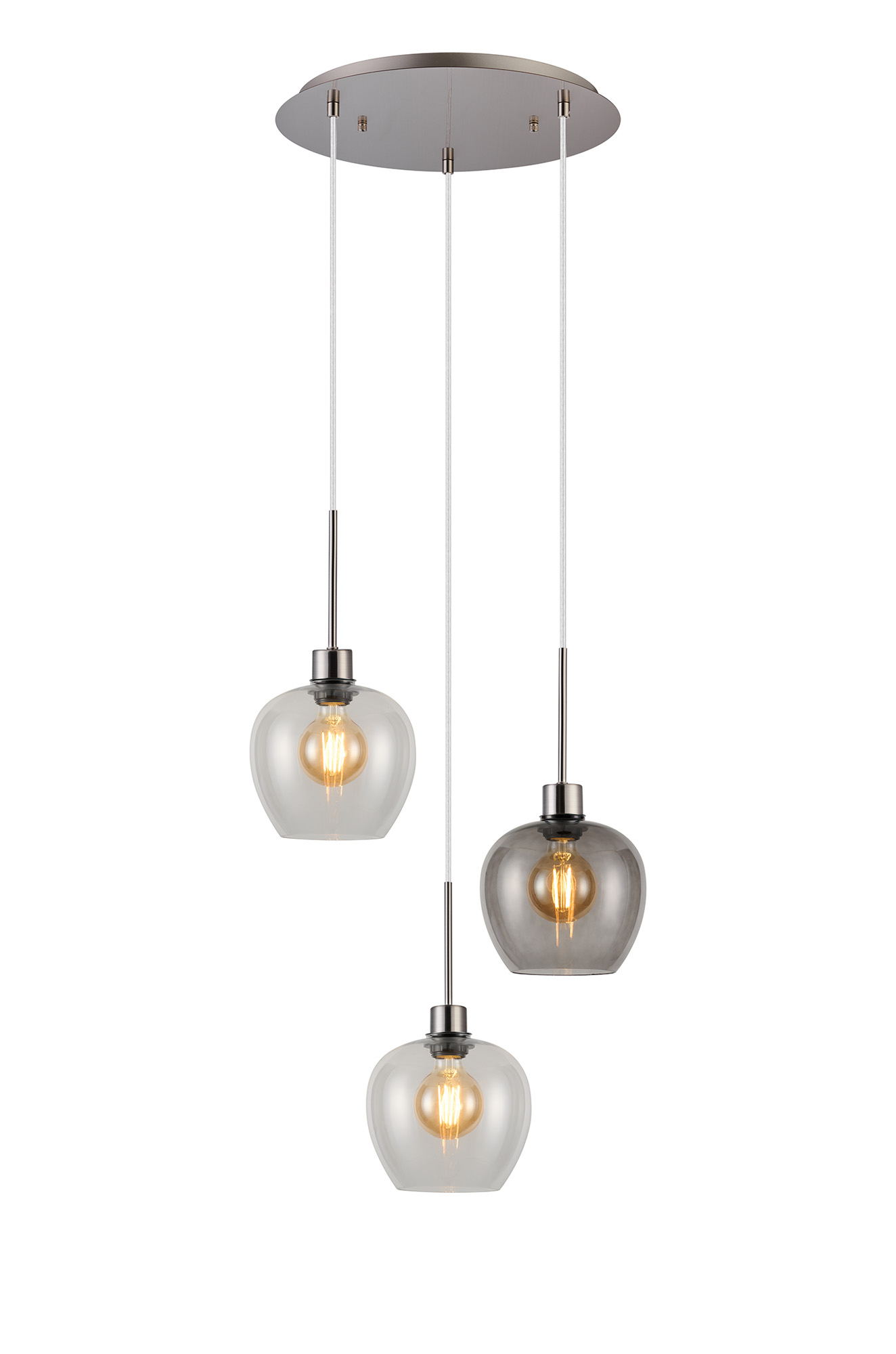 Lori 40cm Round Pendant, 3 Light Adjustable E27, Satin Nickel/Clear/Smoke Wine Shades